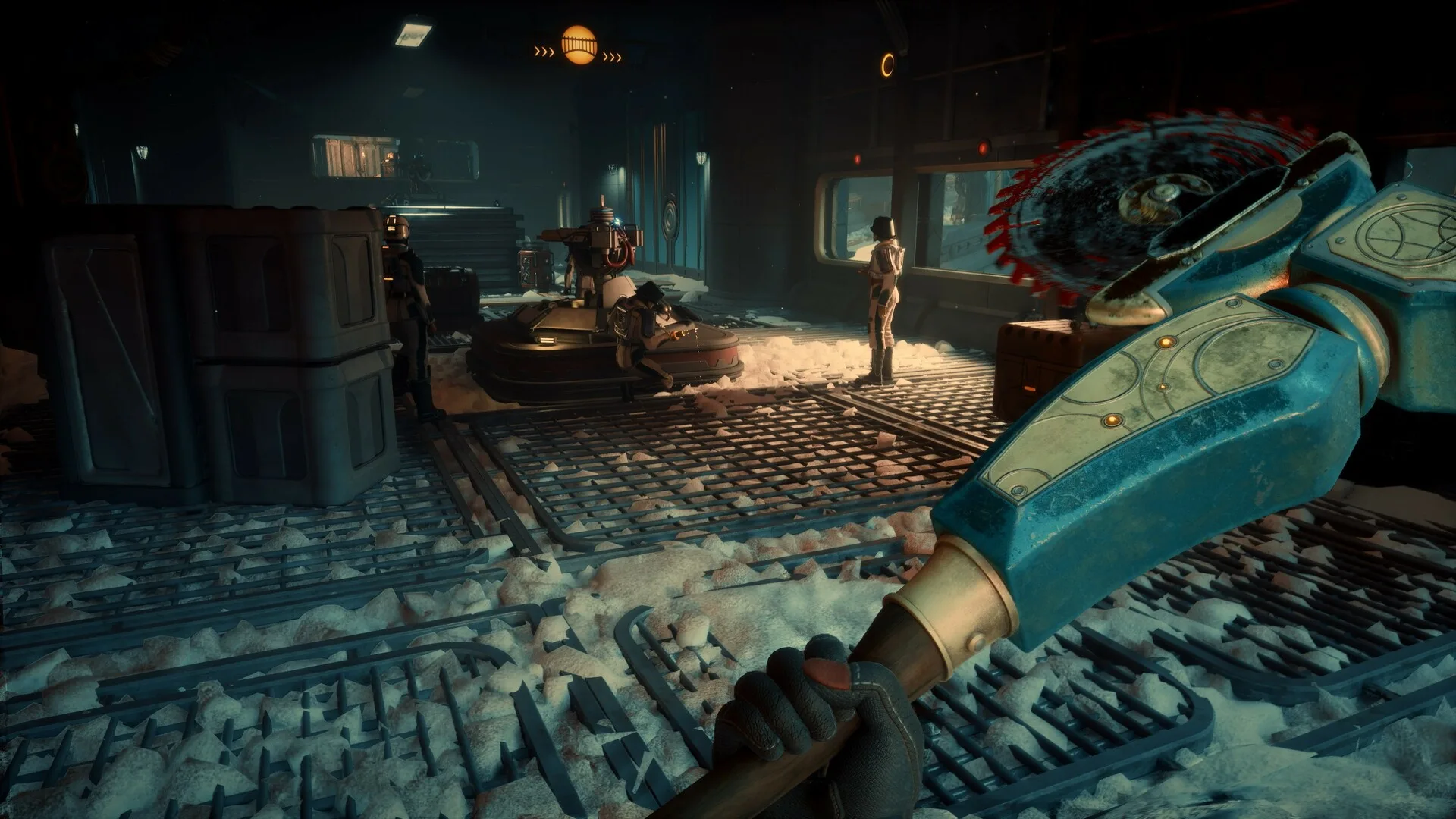 The Outer Worlds 2 screenshot showing the player holding a whirling sawblade weapon in a snowy corridor
