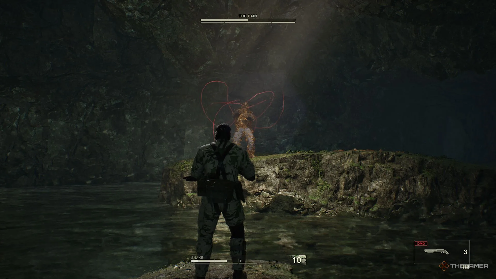 Snake looking at The Pain who is covered in hornets in Metal Gear Solid Delta Snake Eater.