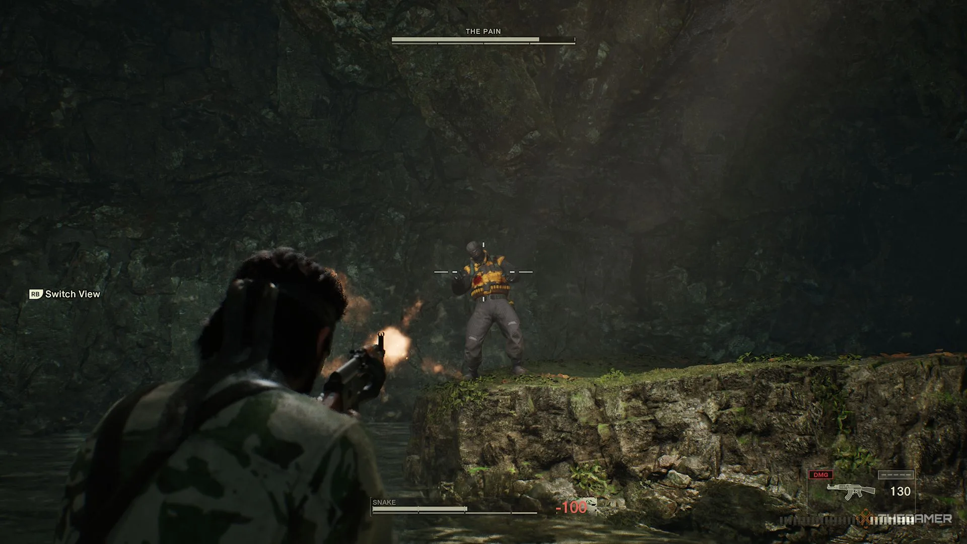 Snake shooting at The Pain with the AK-47 in Metal Gear Solid Delta Snake Eater.