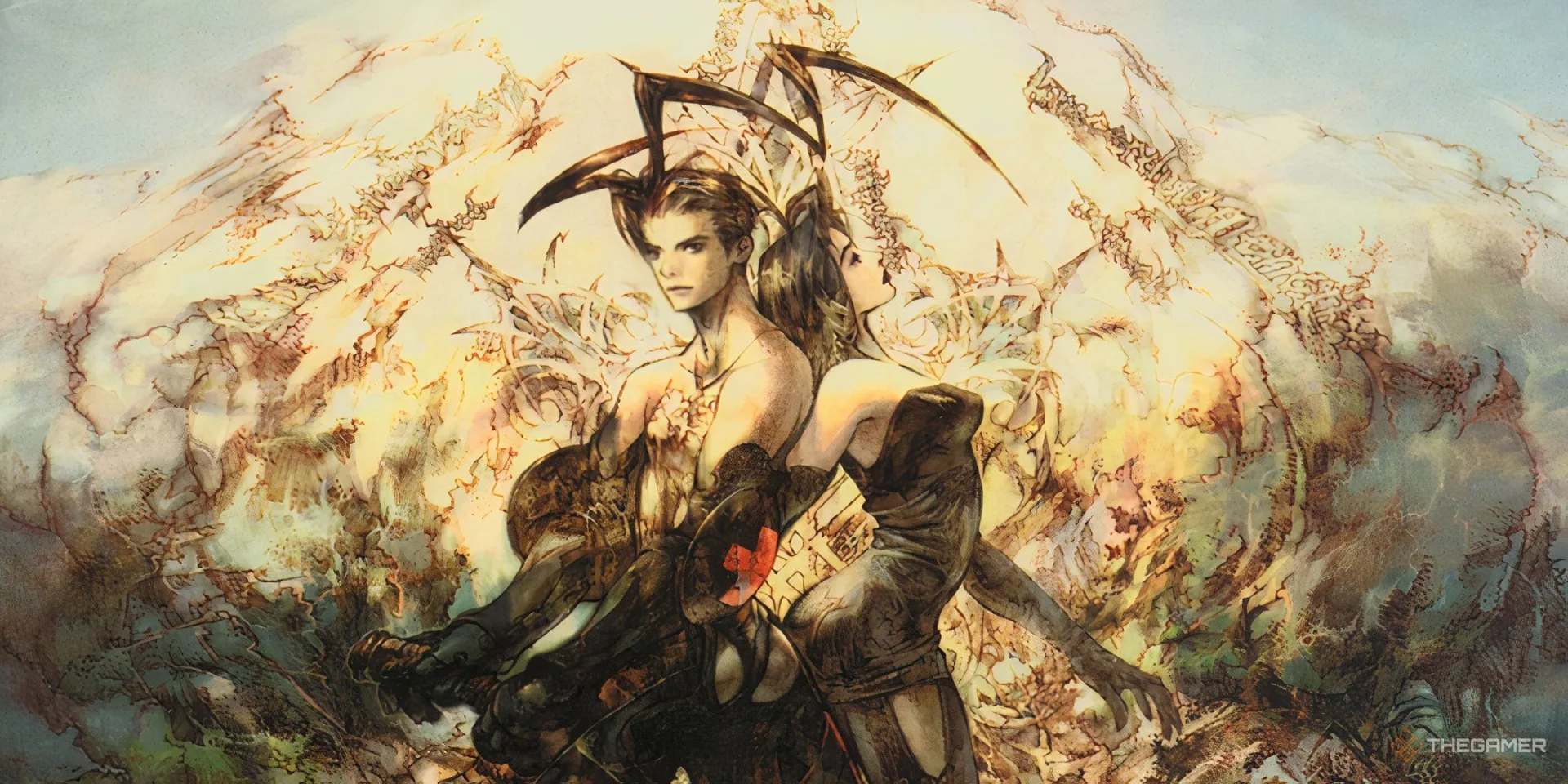The key art for Vagrant Story, featuring its protagonist, its heroine, and Lea Monde.