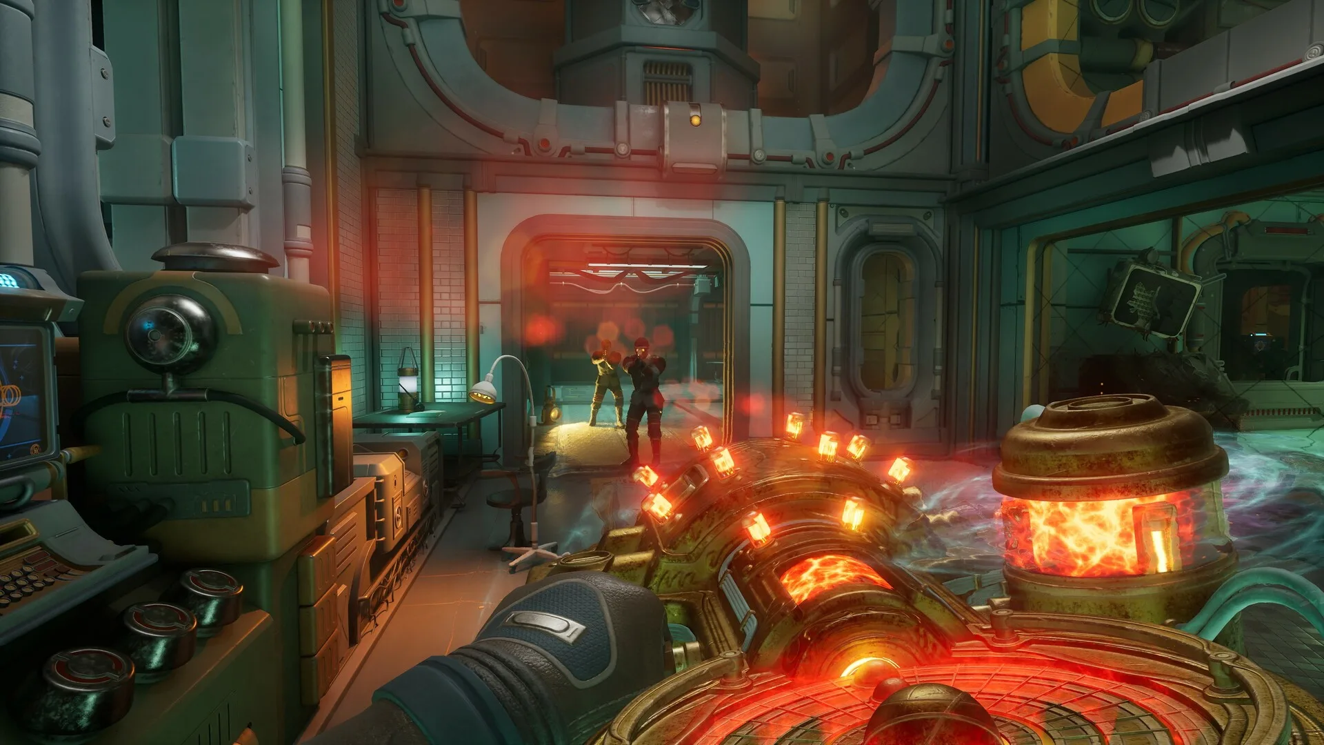 The Outer Worlds 2 screenshot showing a bright orange energy gun being fired at two humans