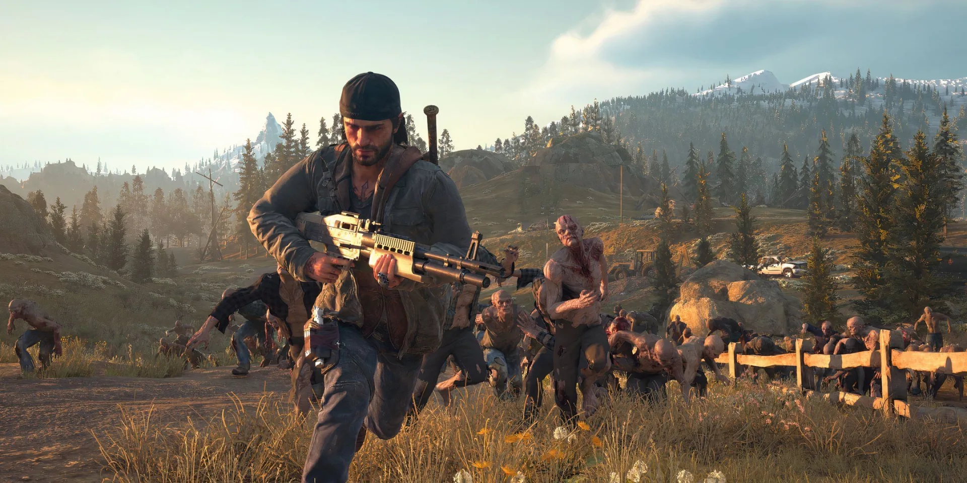 Main character Deacon running from Freakers with his shotgun in hand in Days Gone