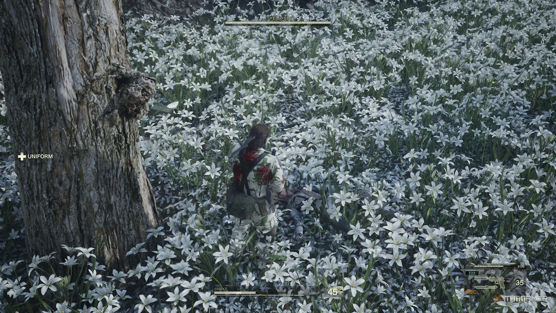 Snake looking at The Boss who is on the floor in Metal Gear Solid Delta: Snake Eater.