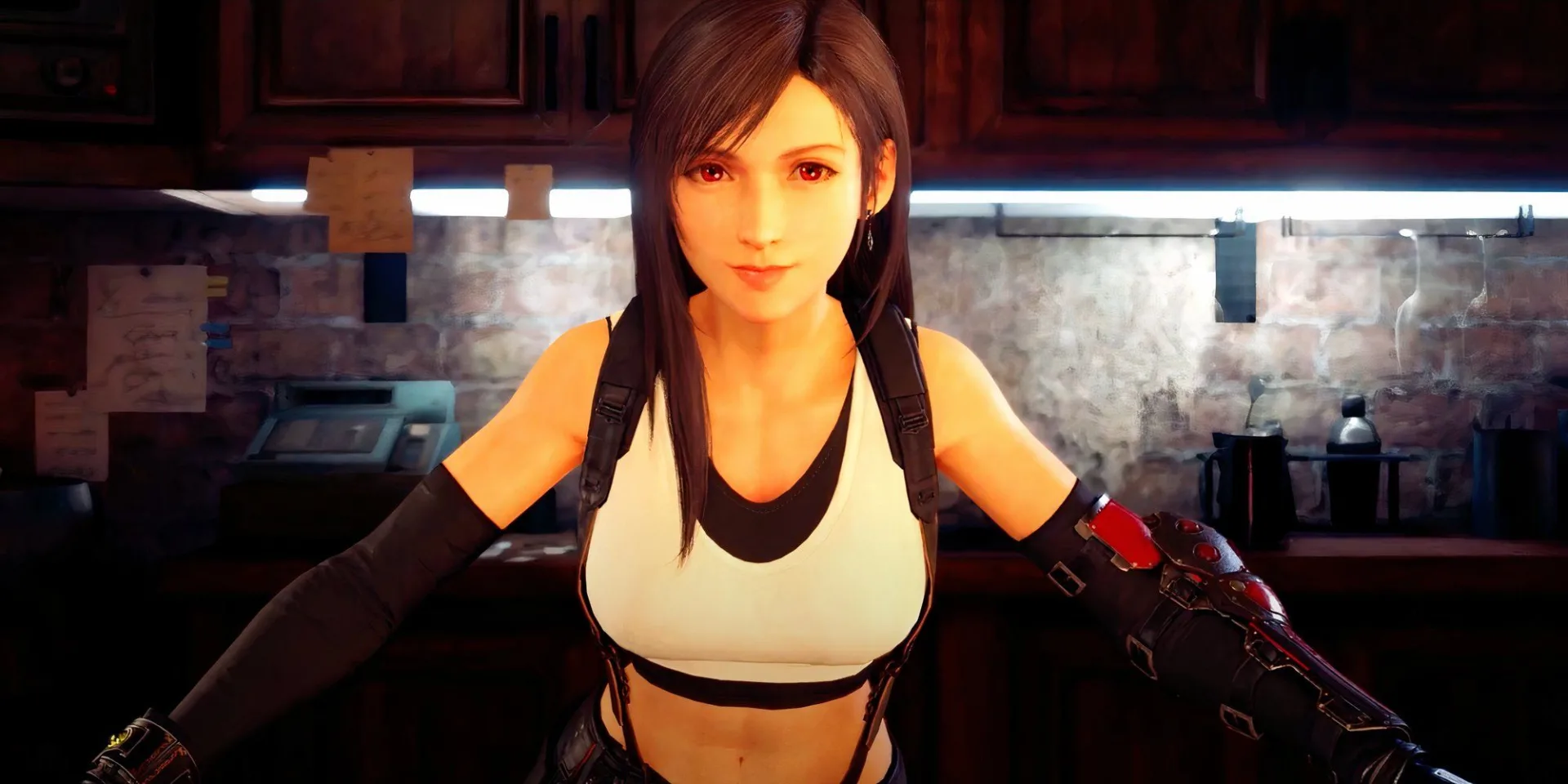 Tifa behind the bar at Seventh Heaven.
